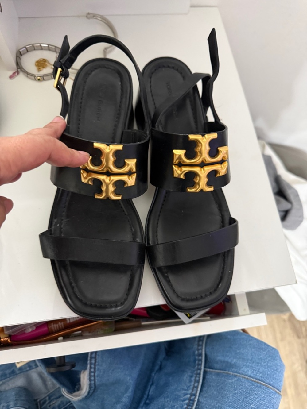Tory Burch Black Leather Gold-Logo Flat Sandals